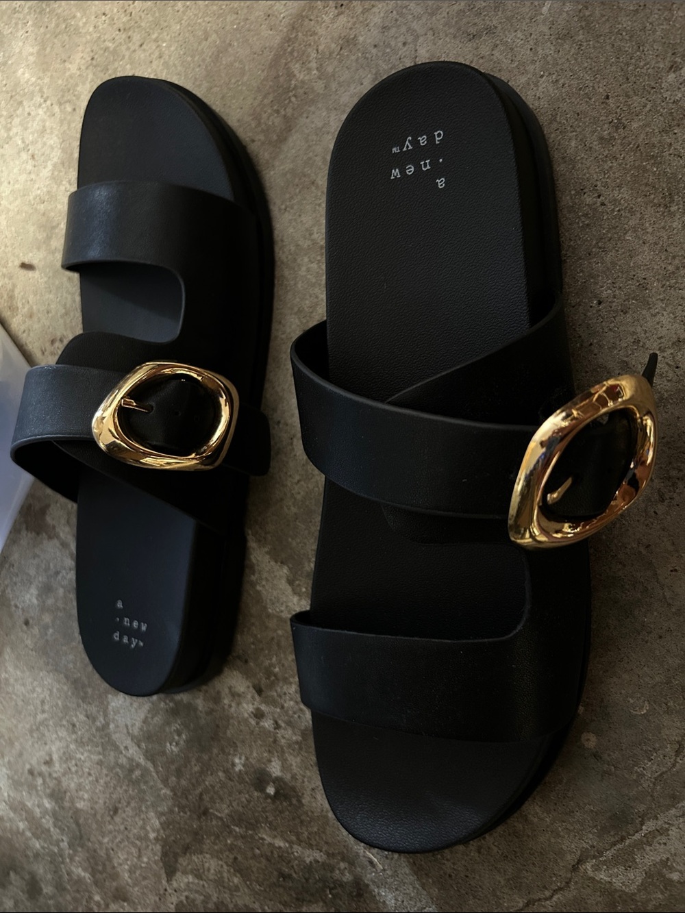 a new day Black Slide Sandals with Gold Buckle Accent